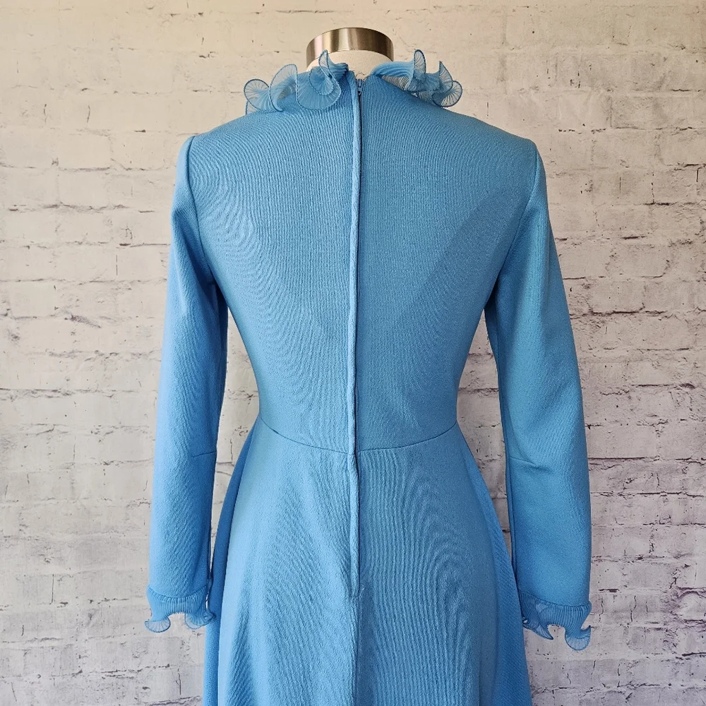 Vintage 70s Sky Blue Micropleat Ruffle Long Sleeve Maxi Dress ILGWU Madein USA - Picture 6 of 12